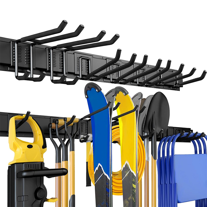 Wall-mounted garage tool organizer for garden tools, shovels, trimmers storage