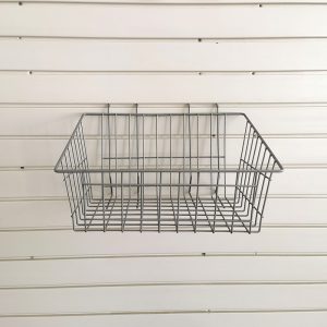 Heavy duty ironwork storage basket for garage plank wall tools