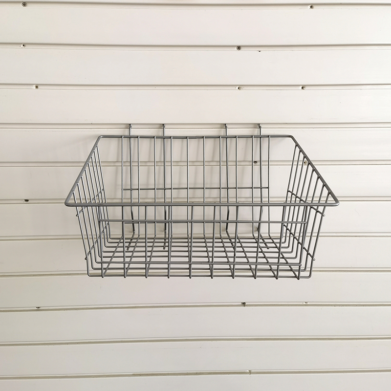 Heavy duty ironwork storage basket for garage plank wall tools