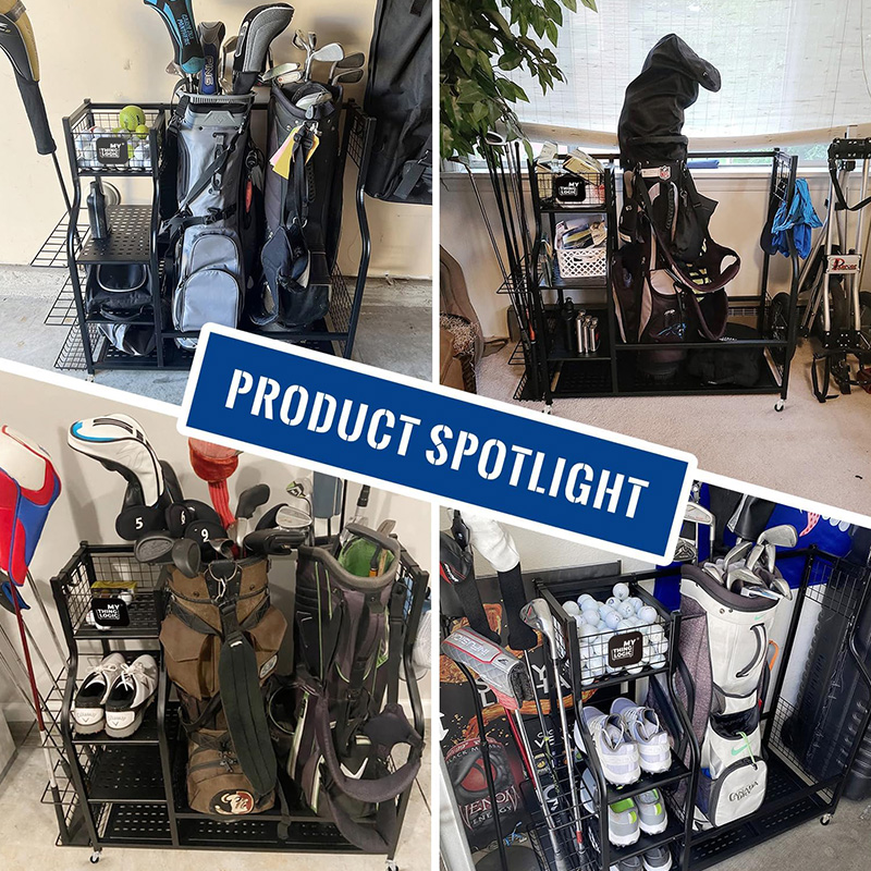 Golf bag storage rack with wheels, for garage organization