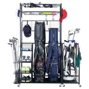 Customizable mobile freestanding golf bag and club storage rack