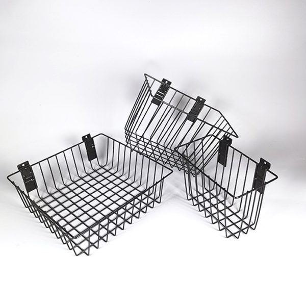 Basket for storage of ironwork items on a slatted wall, no nails required