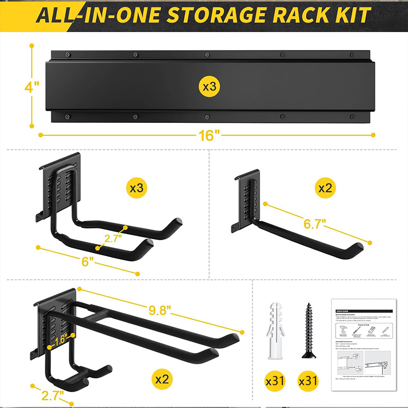 Wall-mounted garage tool organizer for garden tools, shovels, trimmers storage