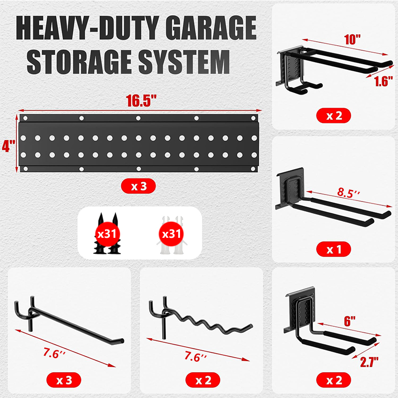 Heavy-duty adjustable hook for wall-mounted garage storage rack