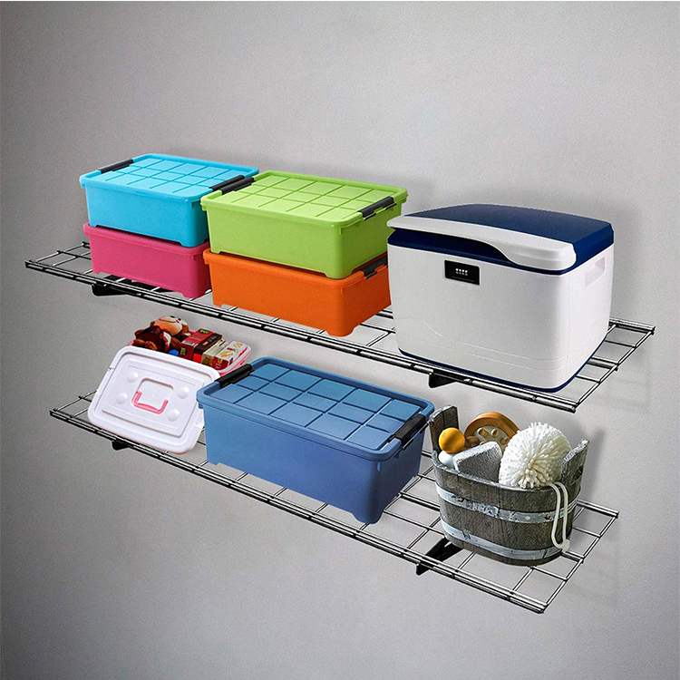 Floating storage shelf with metal mesh surface for garage