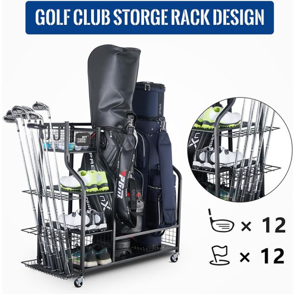 Golf bag storage rack with wheels, for garage organization