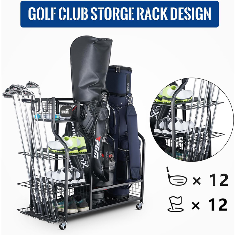 Golf bag storage rack with wheels, for garage organization
