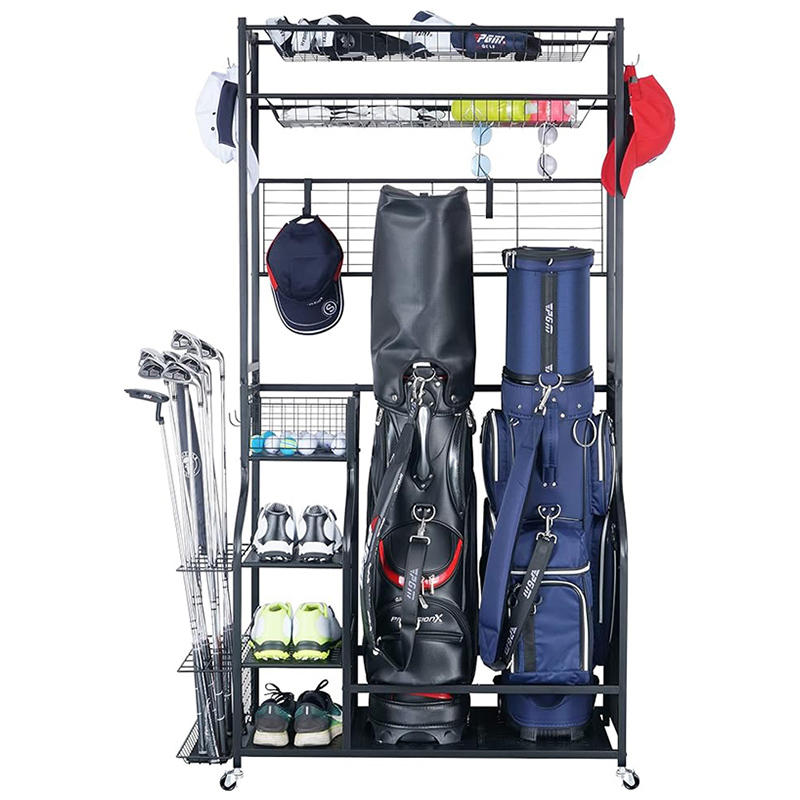 Customizable mobile freestanding golf bag and club storage rack