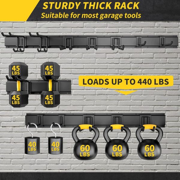 Wall-mounted garage tool organizer for garden tools, shovels, trimmers storage
