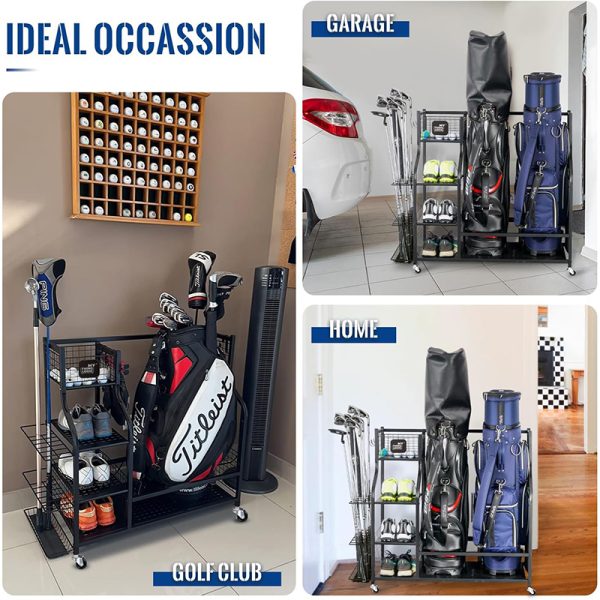Golf bag storage rack with wheels, for garage organization