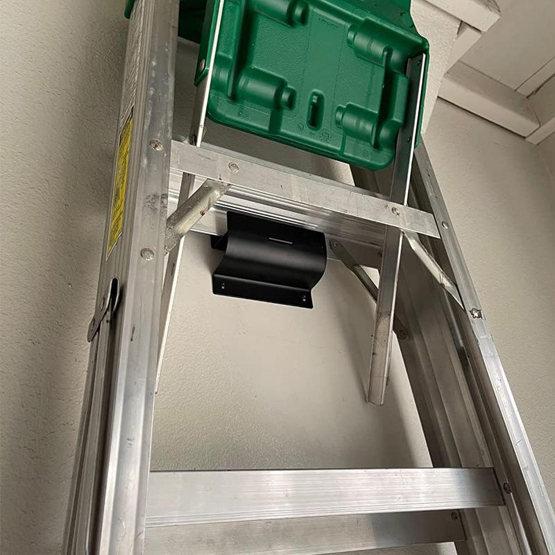 Heavy-duty ladder hooks on the garage wall for folding chairs, shed tool rack