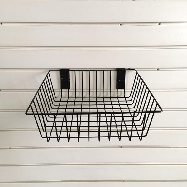 Basket for storage of ironwork items on a slatted wall, no nails required