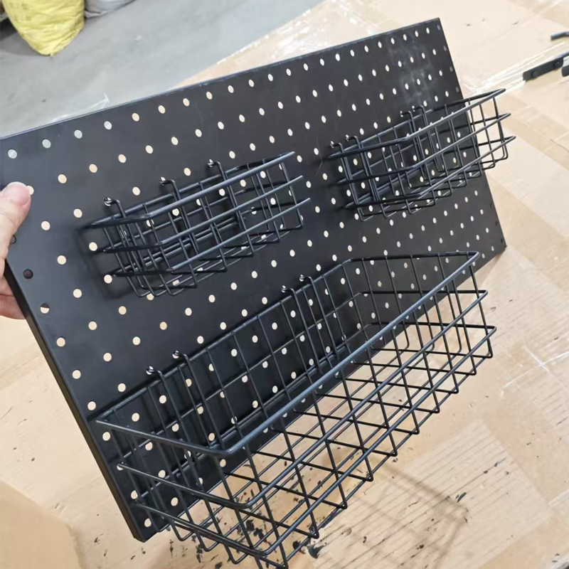 A mesh basket on a perforated board