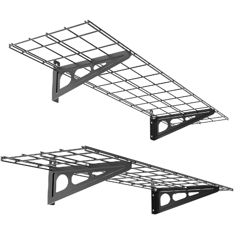 Floating storage shelf with metal mesh surface for garage