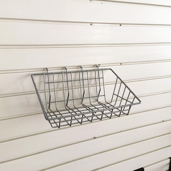Heavy duty ironwork storage basket for garage plank wall tools