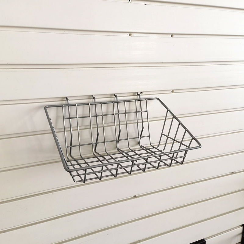 Heavy duty ironwork storage basket for garage plank wall tools