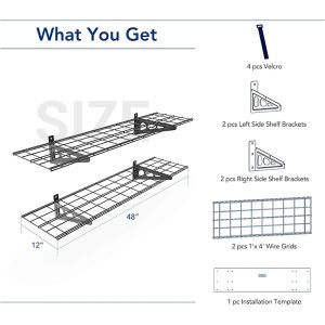 Floating storage shelf with metal mesh surface for garage