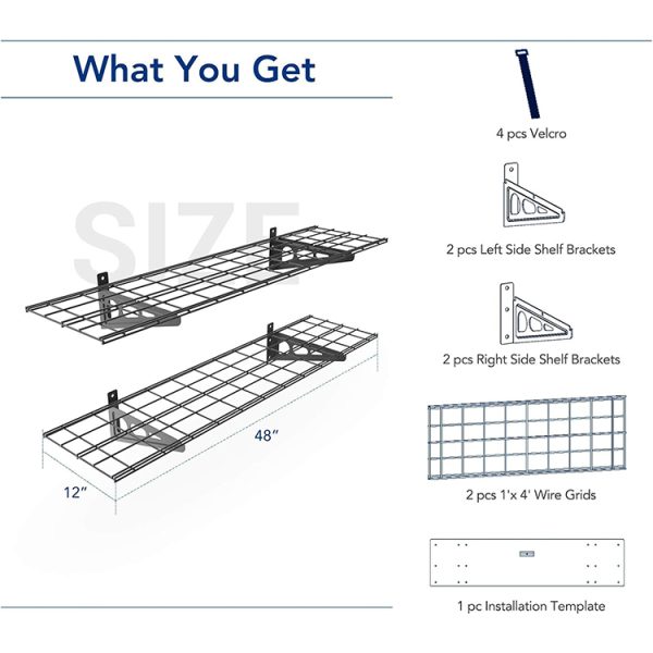Floating storage shelf with metal mesh surface for garage