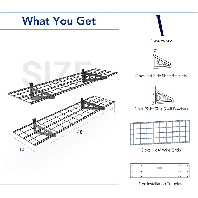 Floating storage shelf with metal mesh surface for garage