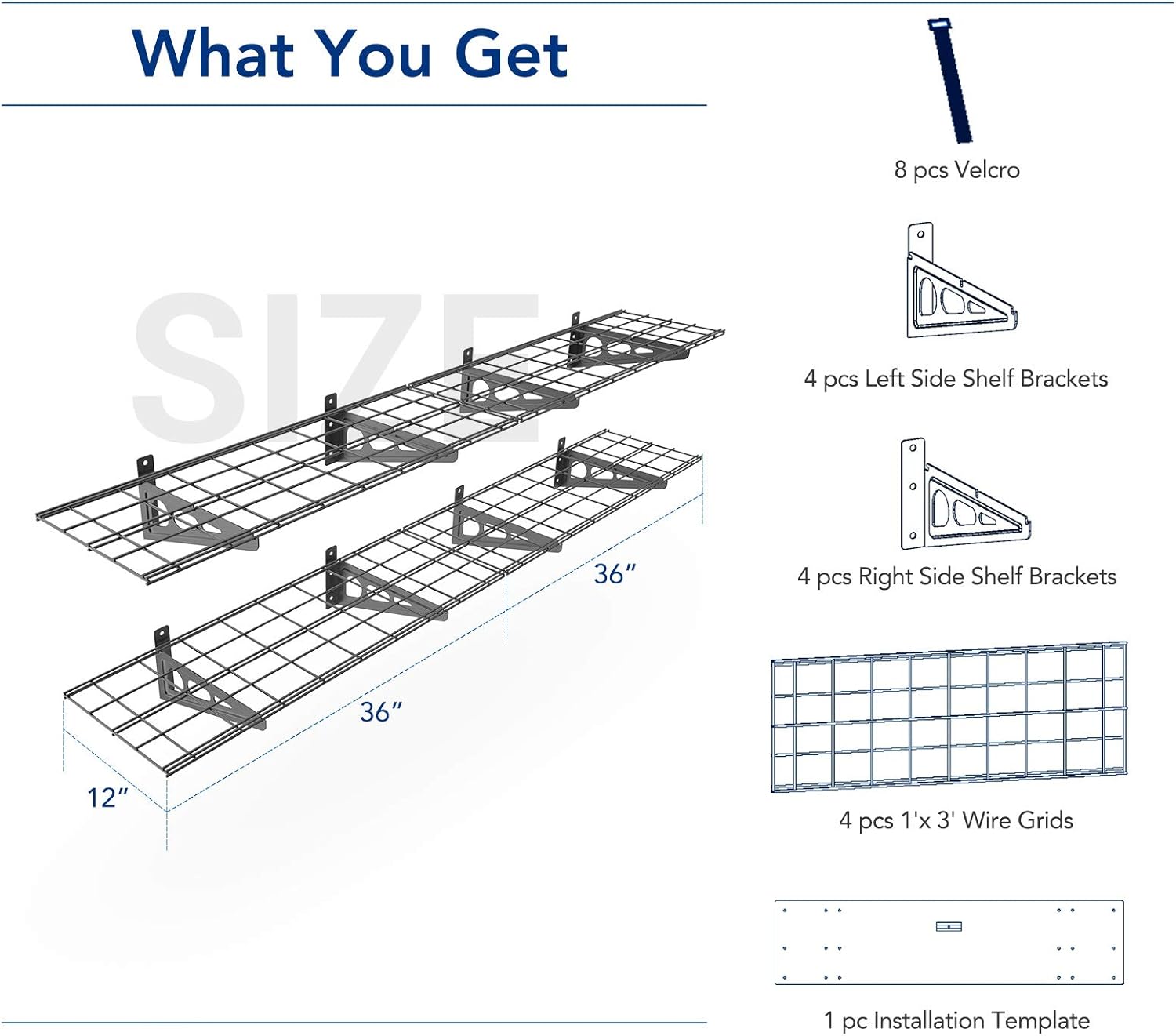 Floating storage shelf with metal mesh surface for garage