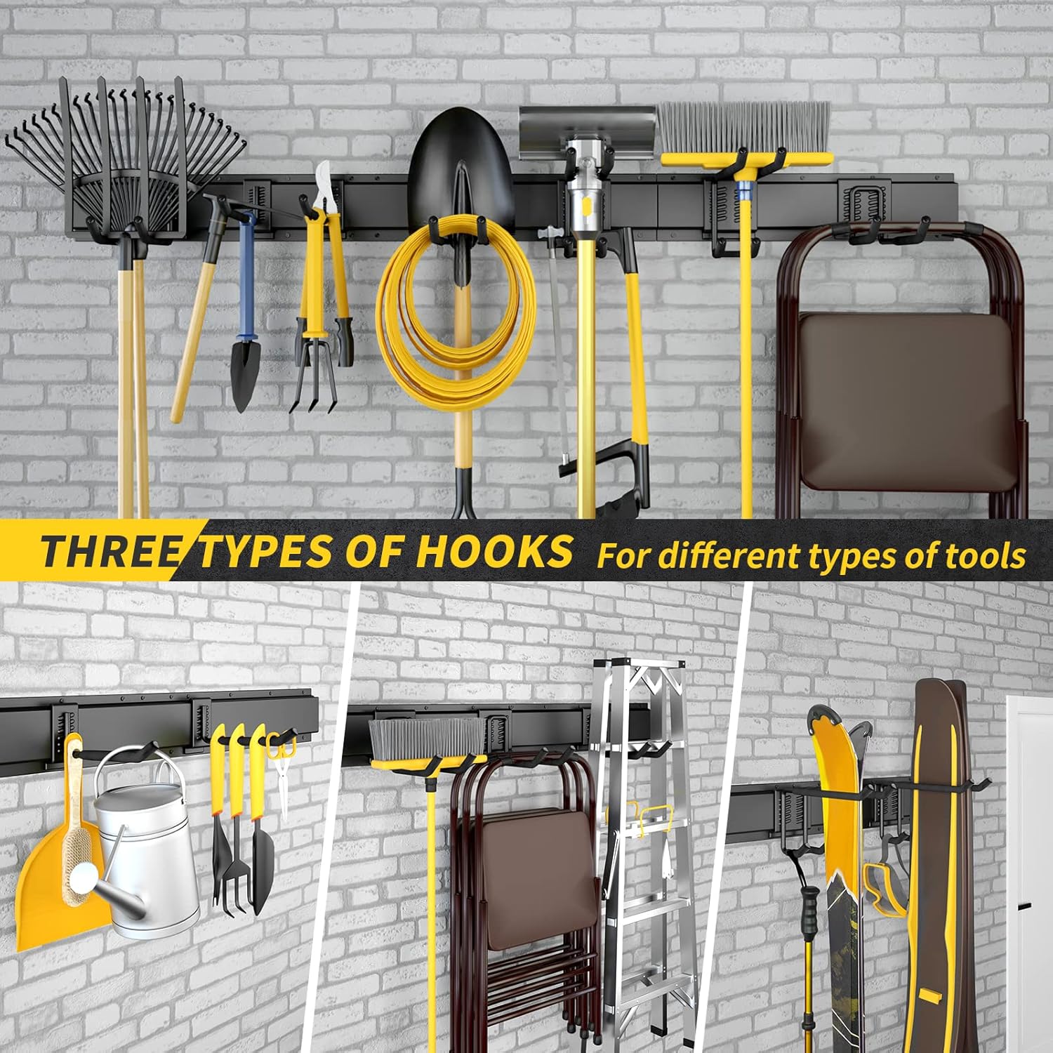 Wall-mounted garage tool organizer for garden tools, shovels, trimmers storage
