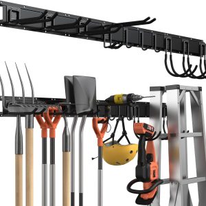 Wall-mounted tool storage rack, heavy-duty steel garden tool organizer shelf