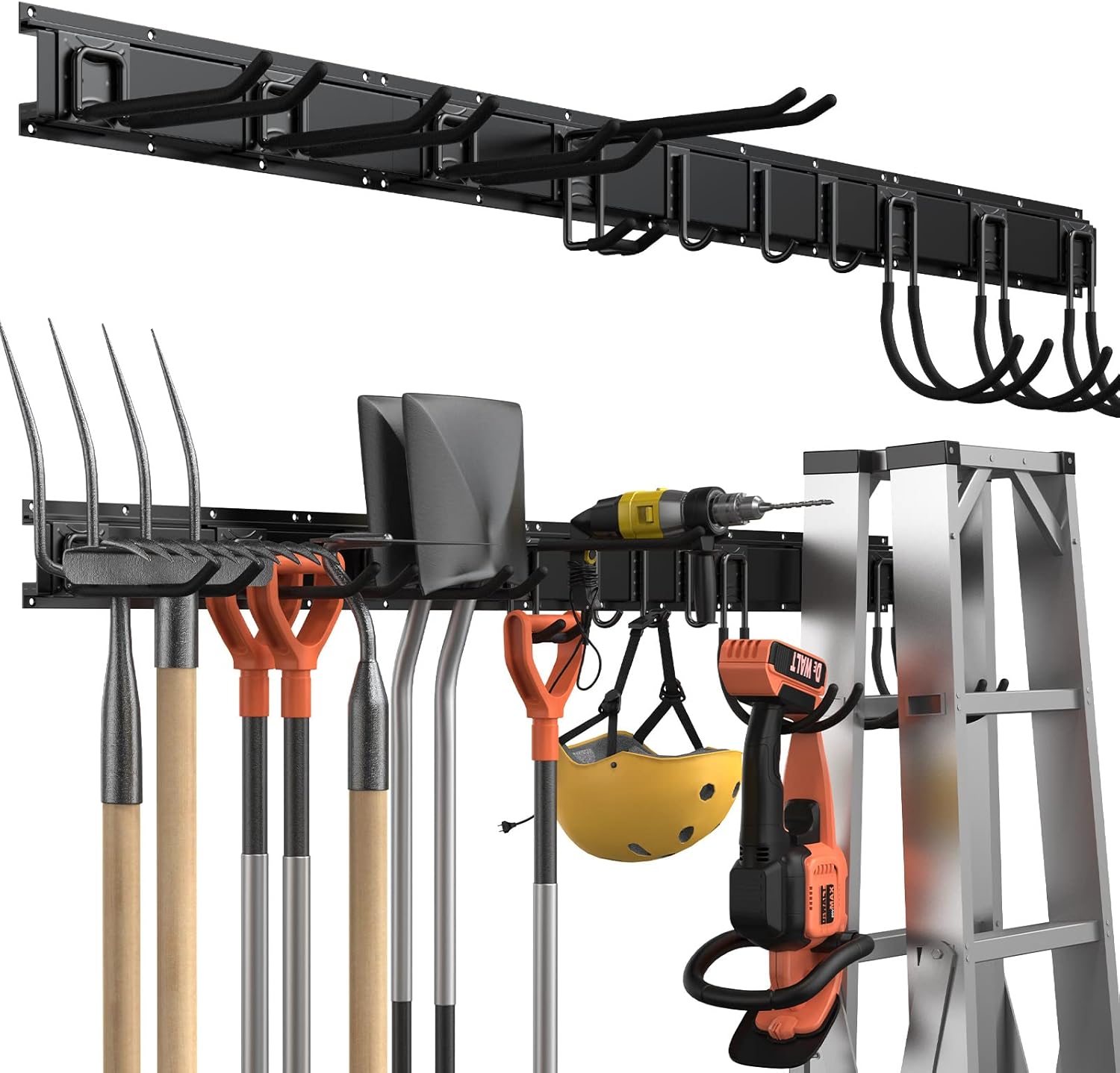 Wall-mounted tool storage rack, heavy-duty steel garden tool organizer shelf