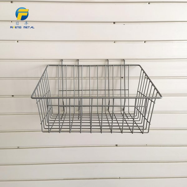 Heavy duty ironwork storage basket for garage plank wall tools