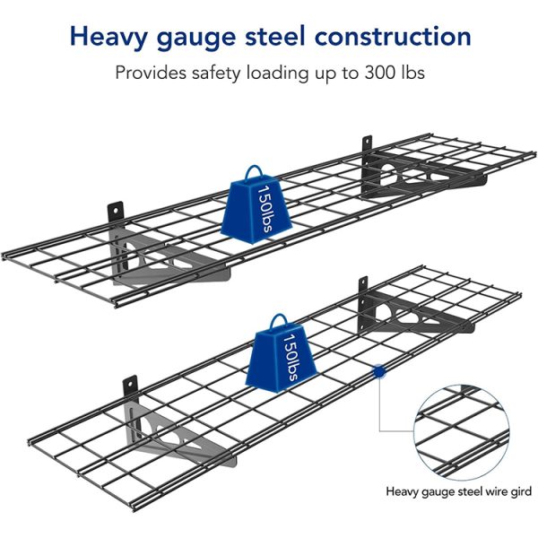 Floating storage shelf with metal mesh surface for garage