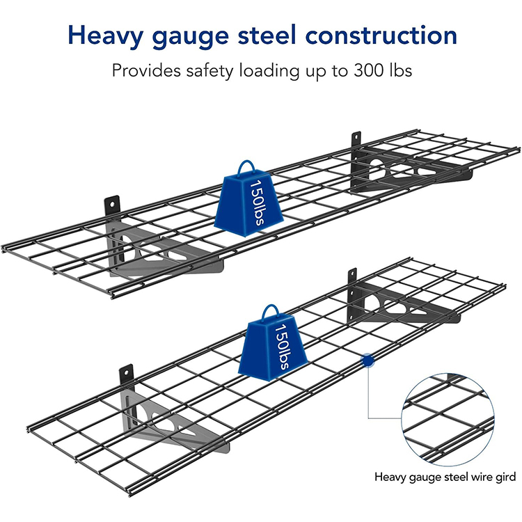 Floating storage shelf with metal mesh surface for garage
