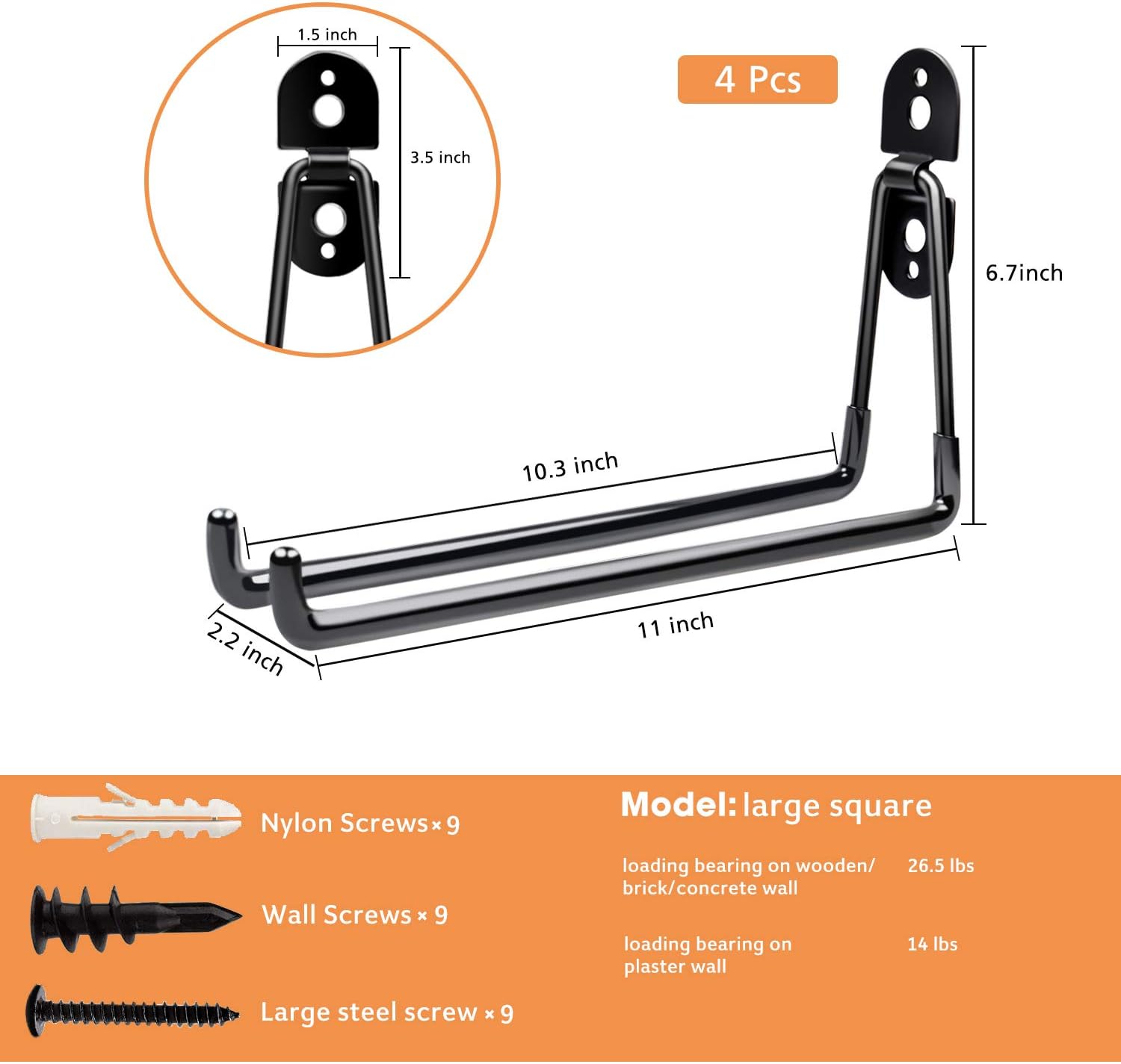 11 inch round head welding plate hook, 4 pack long hook garage organizer