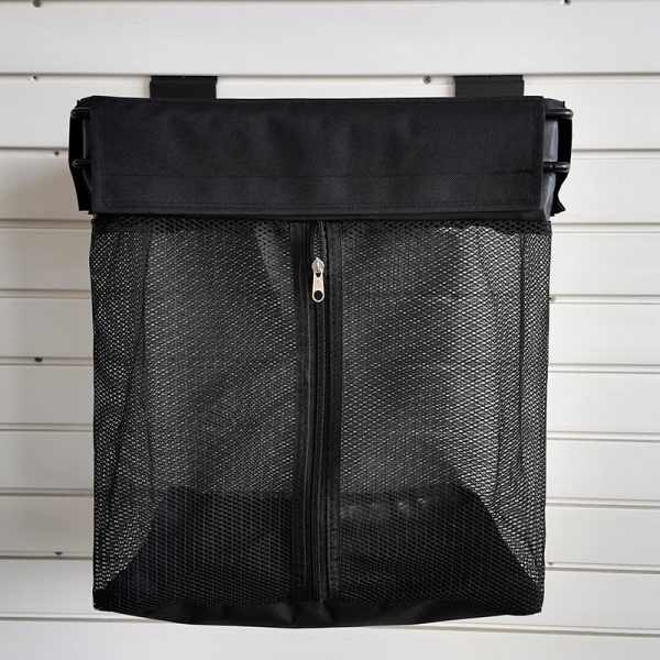 Storage basket with fabric buckle for slatwall
