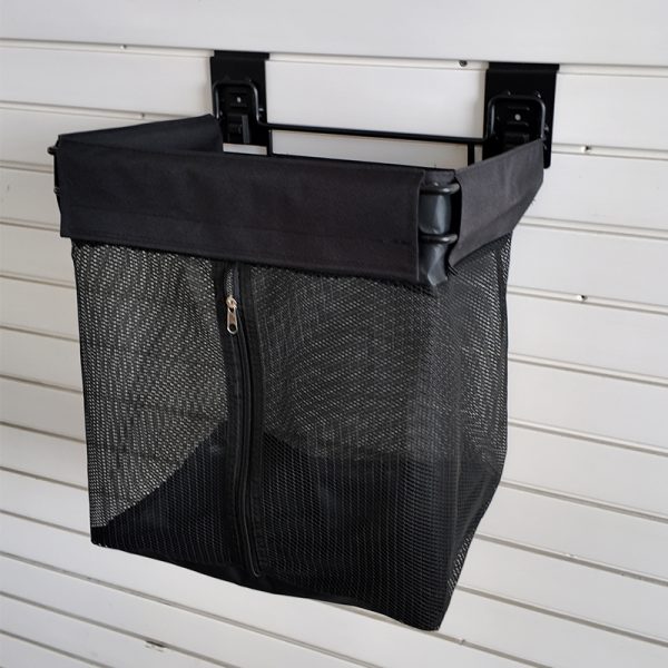Storage basket with fabric buckle for slatwall