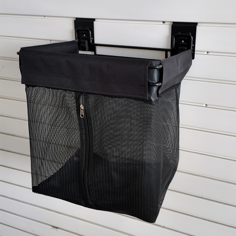 Storage basket with fabric buckle for slatwall
