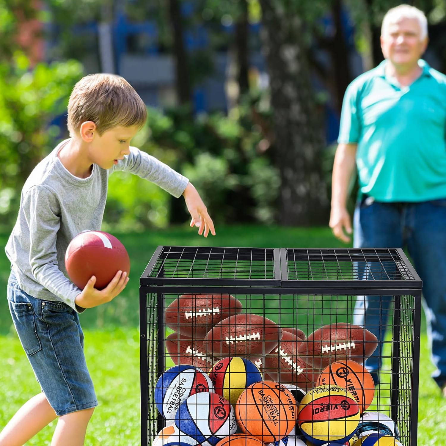 School sports equipment storage cart, mobile ball cart space storage capacity