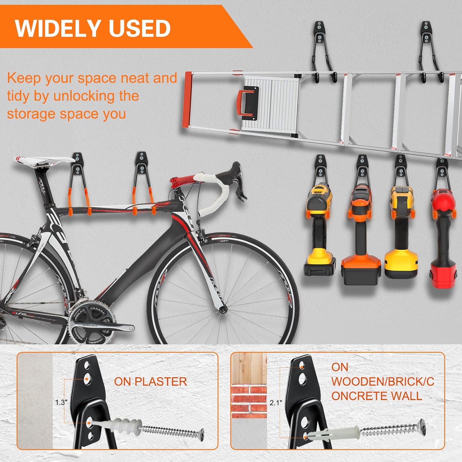12 Heavy-Duty Garage Hooks, Steel Wall Mount Organizer with Anti-Slip Coating