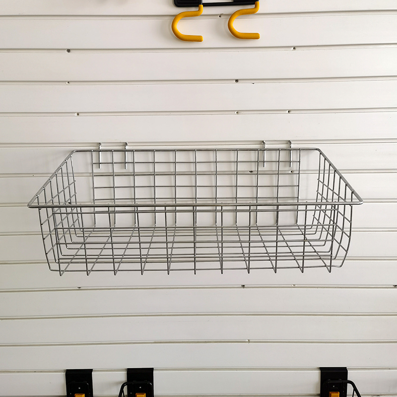 Heavy duty ironwork storage basket for garage plank wall tools