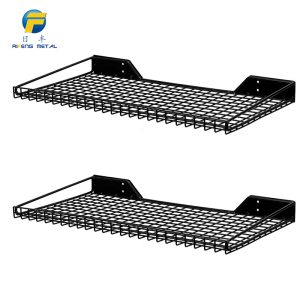 Wall-mounted metal grid shelf for storage items in the garage