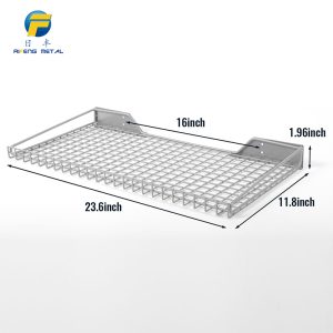 Wall-mounted metal grid shelf for storage items in the garage-size