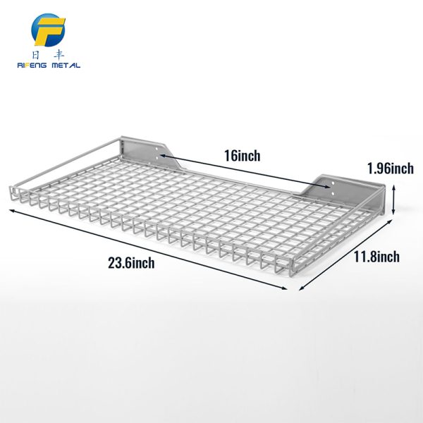 Wall-mounted metal grid shelf for storage items in the garage-size
