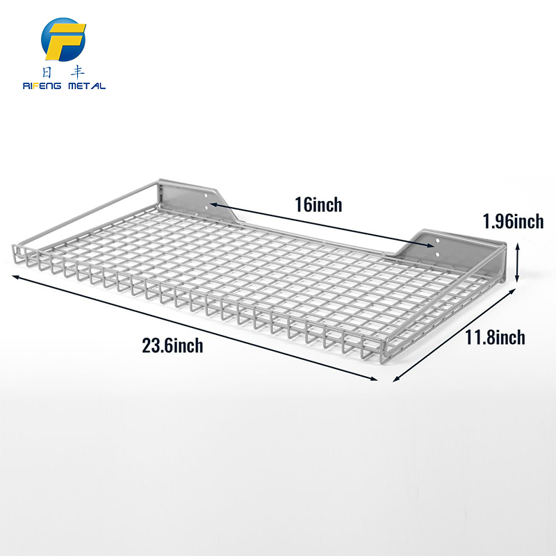 Wall-mounted metal grid shelf for storage items in the garage-size