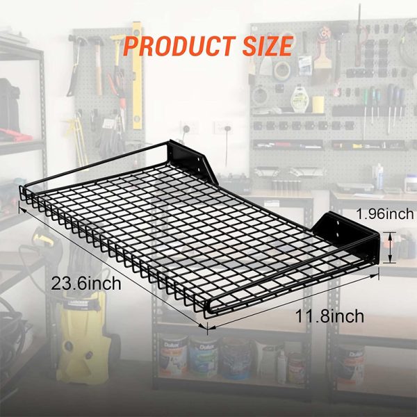 Wall-mounted metal grid shelf for storage items in the garage-size2