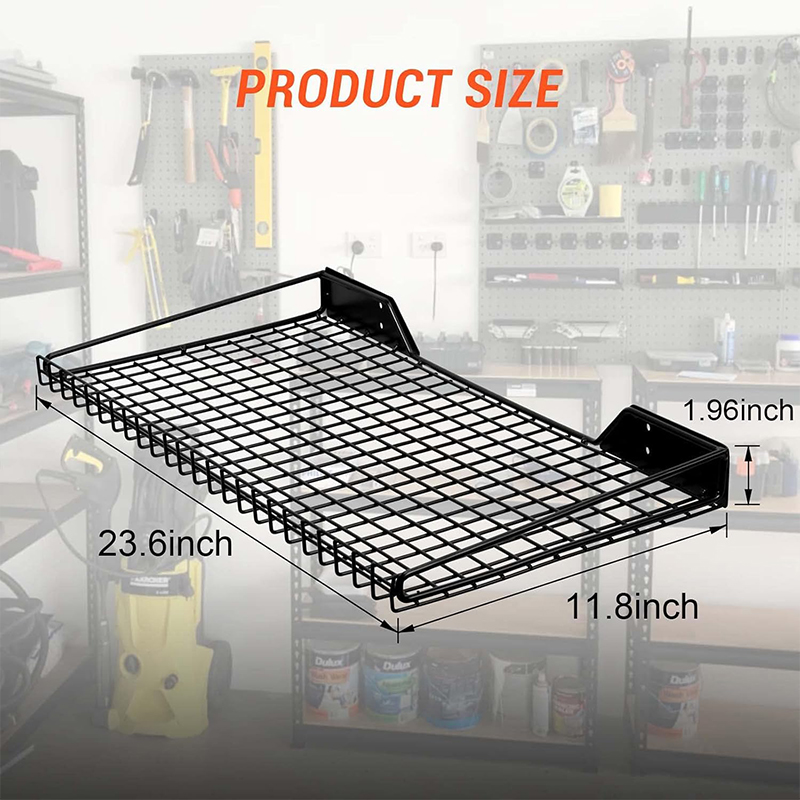 Wall-mounted metal grid shelf for storage items in the garage-size2