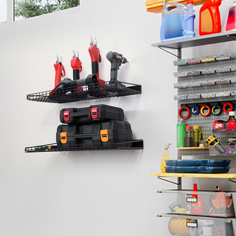 Wall-mounted metal grid shelf for storage items in the garage2
