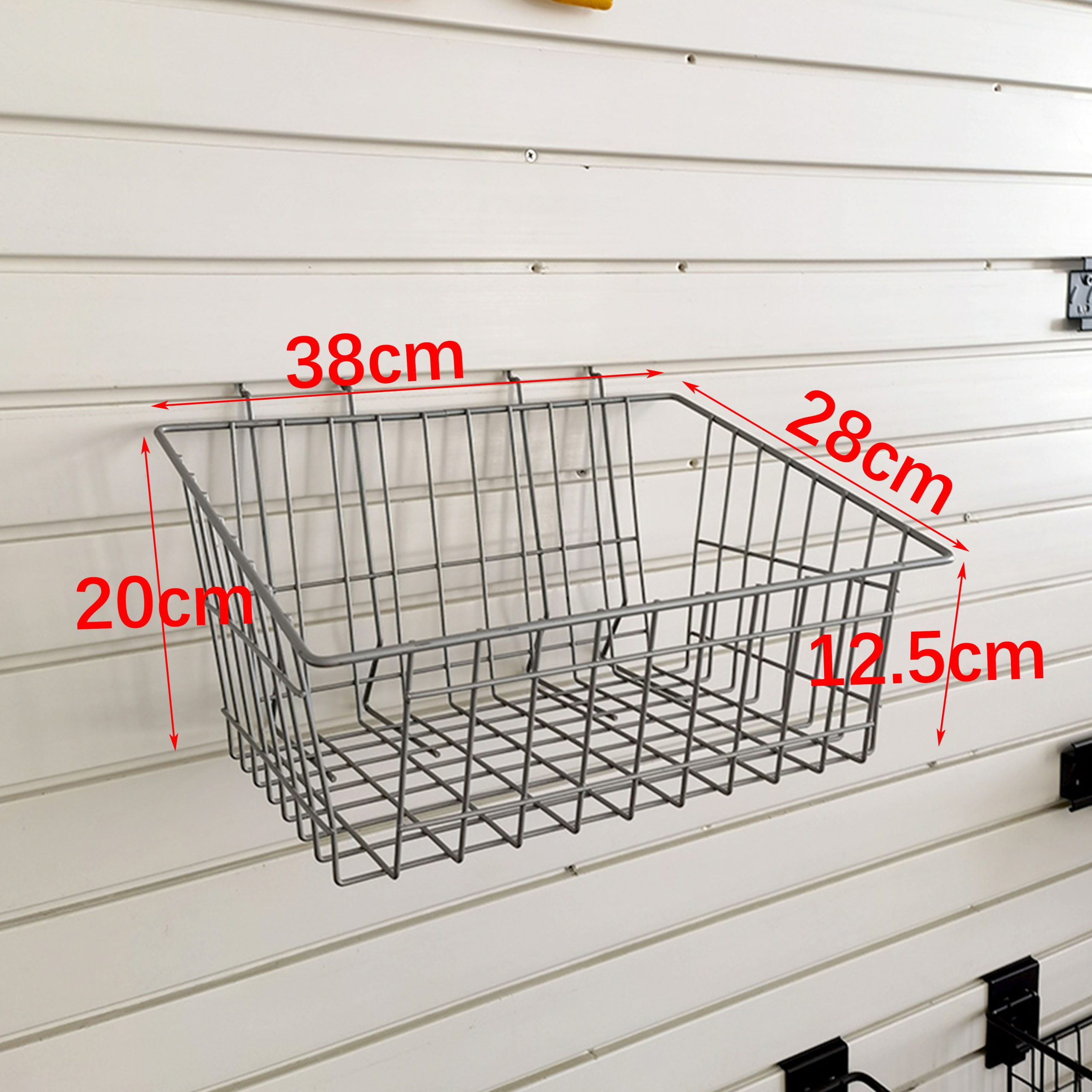 Heavy duty ironwork storage basket for garage plank wall tools