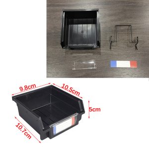 Plastic storage box with slanting parts hanging on the back of the hole board