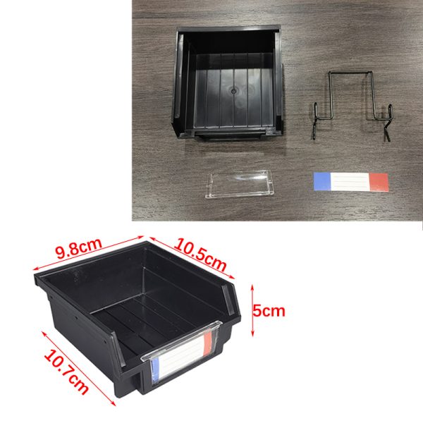 Plastic storage box with slanting parts hanging on the back of the hole board