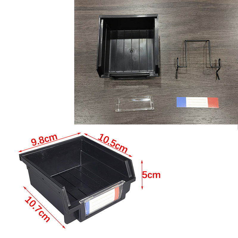 Plastic storage box with slanting parts hanging on the back of the hole board