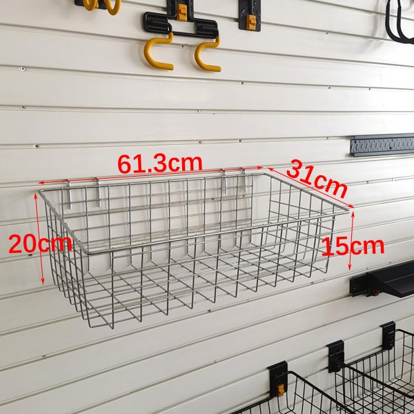 Heavy duty ironwork storage basket for garage plank wall tools