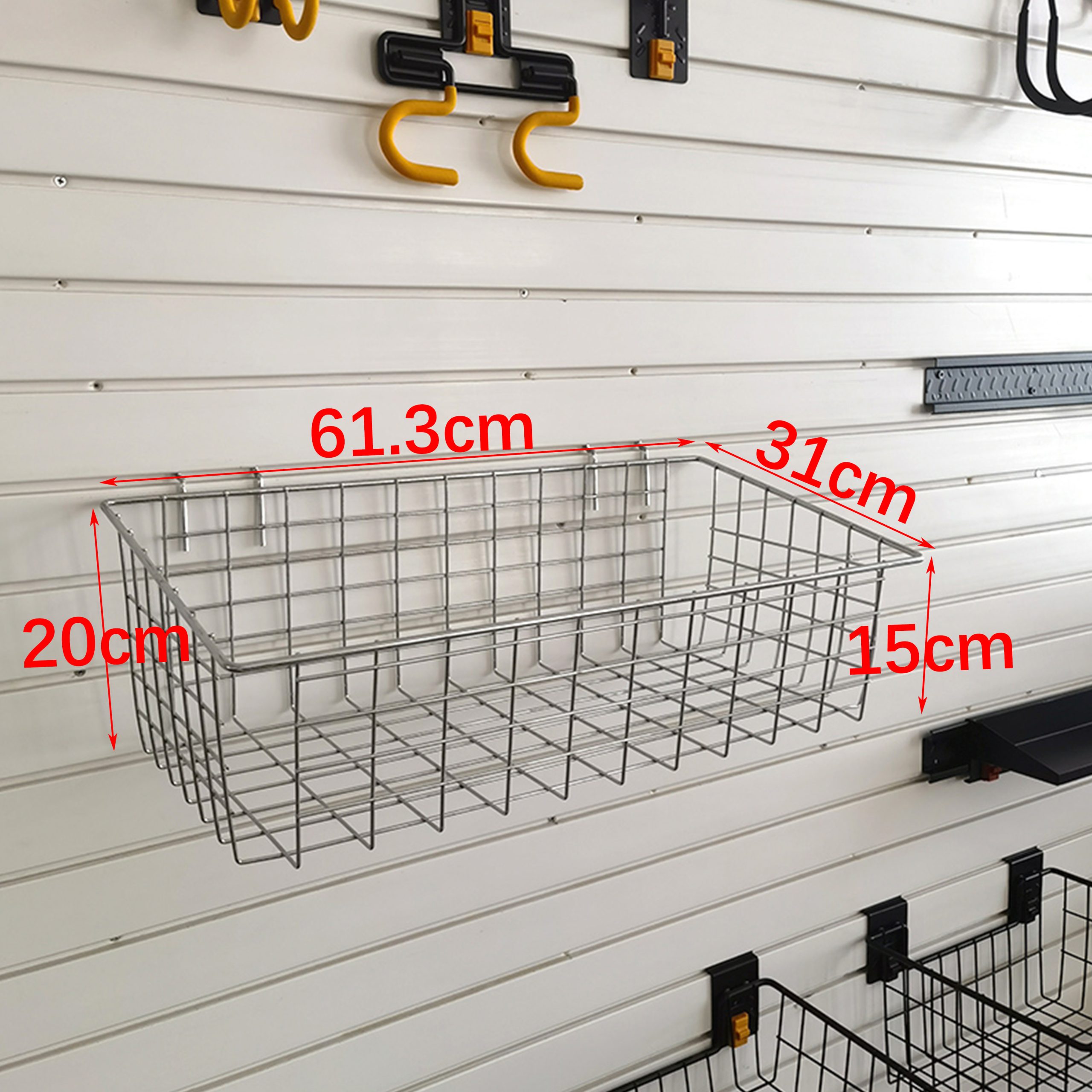 Heavy duty ironwork storage basket for garage plank wall tools
